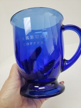 Starbucks 5" Cobalt Blue Etched Glass 16oz Pedestal Mug Cup Anchor Hocking USA